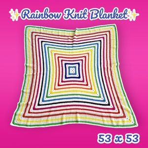 ✨🌈Vintage‎ Handmade Rainbow Stripes Square Knit Blanket🌈✨
